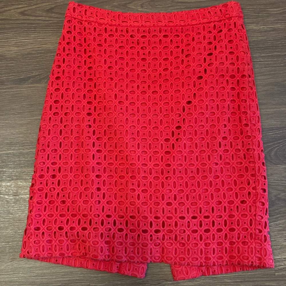 J. Crew Red Eyelet Pencil Skirt
